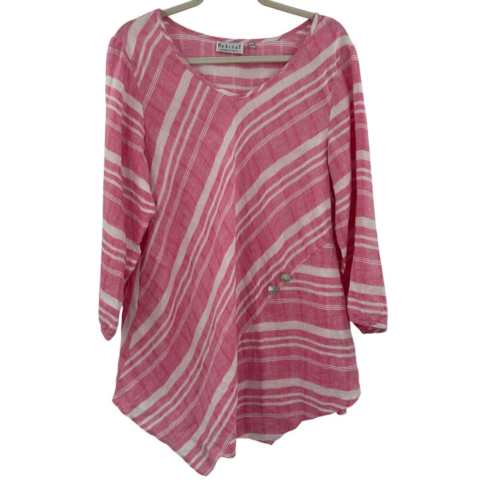 Habitat Linen Tunic Top Pink Striped Asymmetric Lagenlook Boho Flowy Lightweight